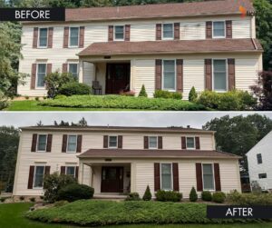 Before and after picture of Exterior House painting services by Ellison Painting. The colors are more vibrant than before.